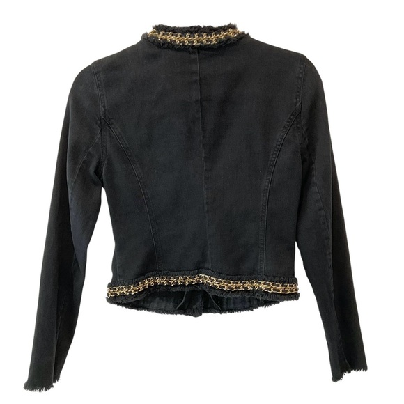 Michael Kors Women’s 0 Black Cropped Denim Jacket Gold Chain Trim Runway Chic - Picture 3 of 8